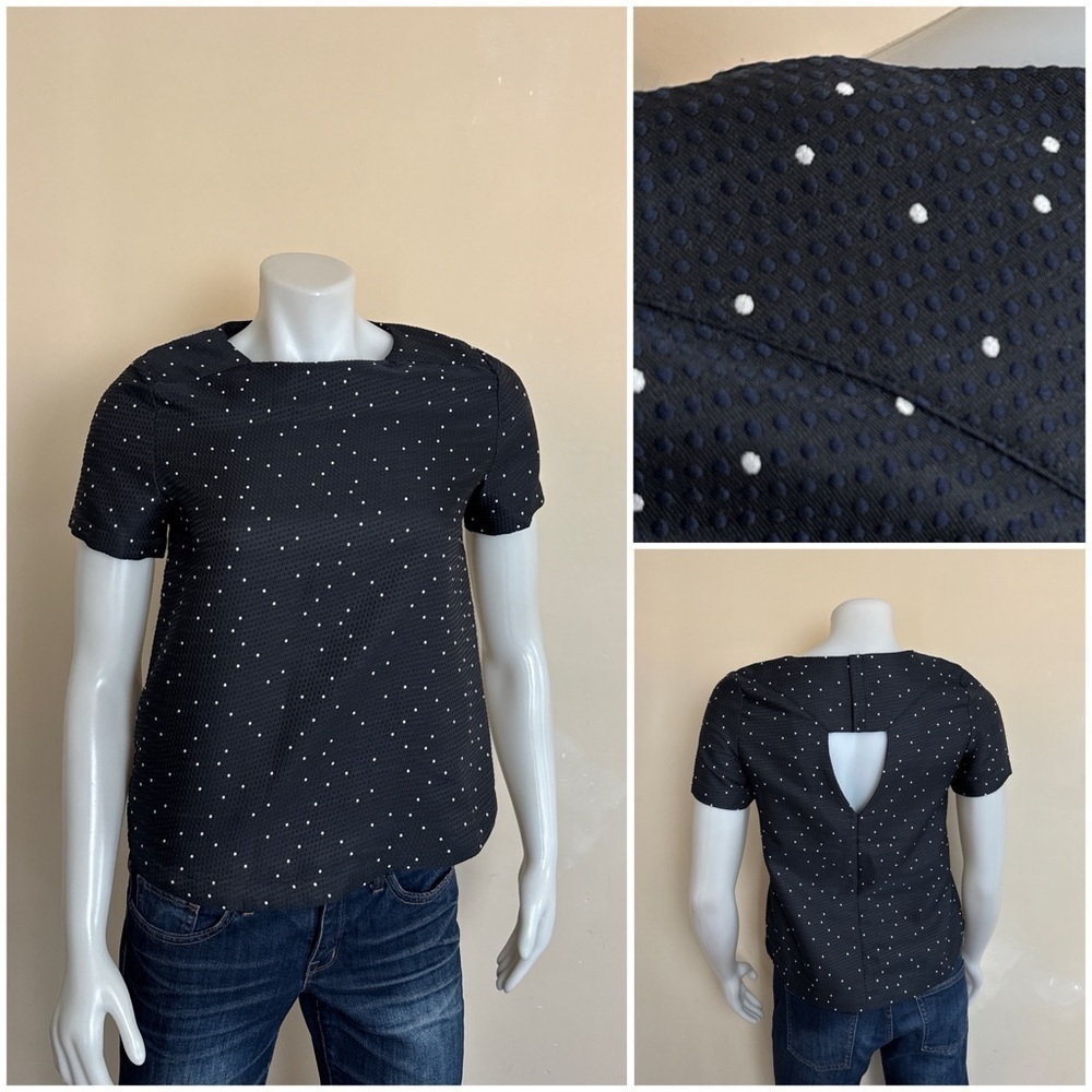 FRNCH - Navy with white dot, back cut-out, short sleeve top. Small